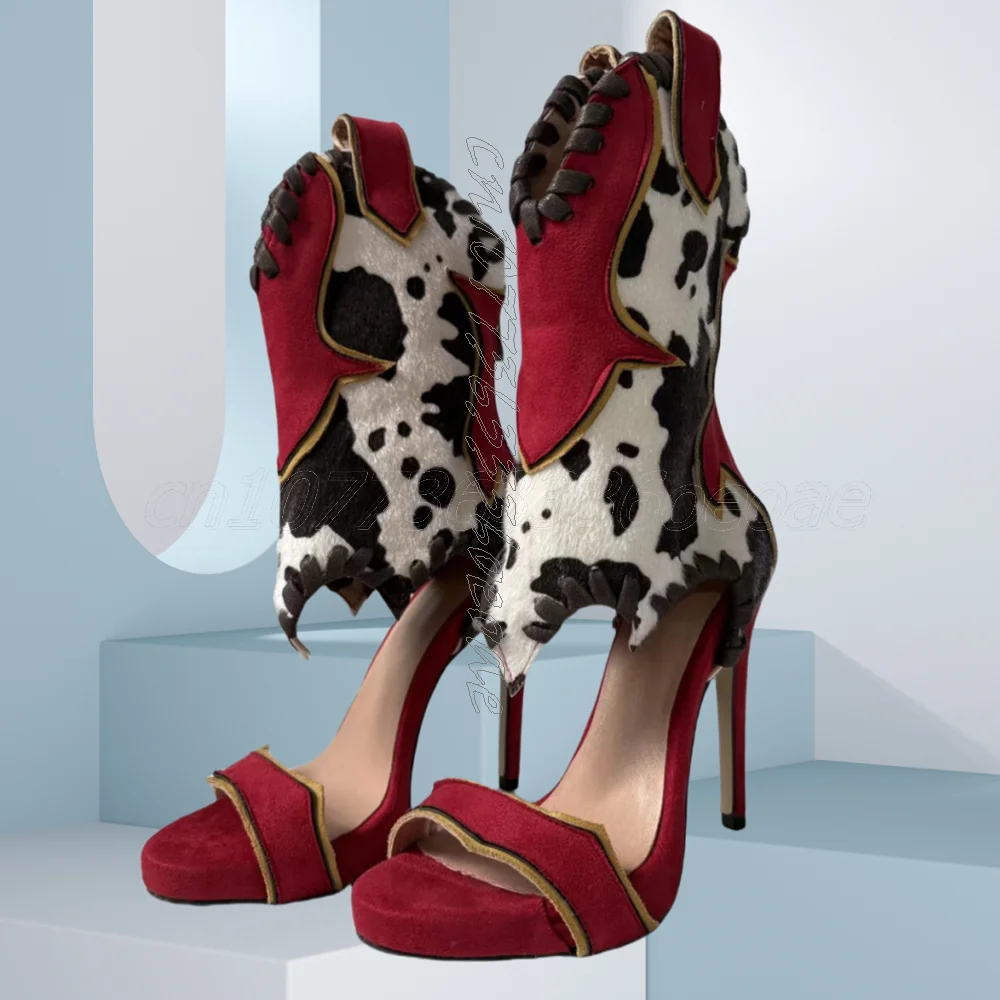 

Cow Pattern Patchwork Sandal Ankle Boots Suede Lace up Women Shoes Fashion Thin High Heels Shoes 2025 Zapatos Para Mujere