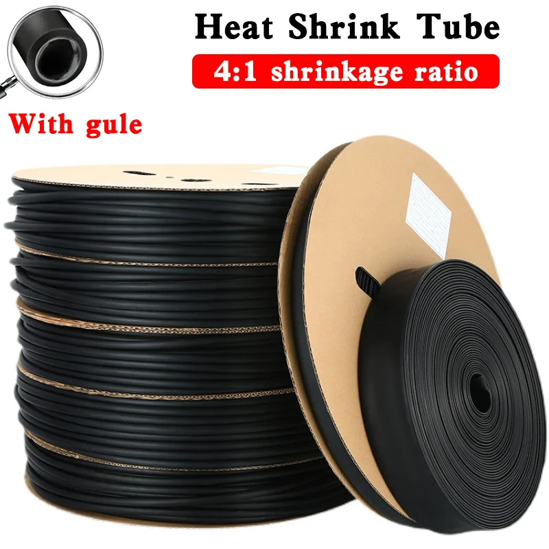 

100 Meters/10Meters Polyolefin Heat Shrink Tube With Glue,4:1 Shrink Ratio for Wires Cables,Black Insulation Sleeving Tubing