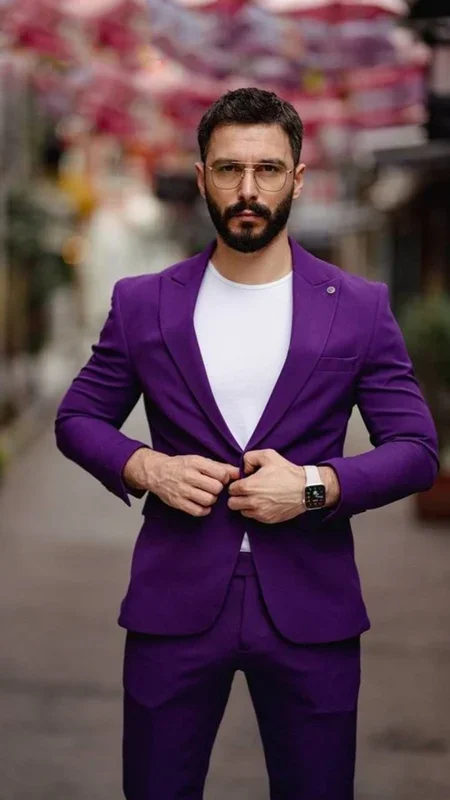 Purple Men\'s Business Daily Formal Party Leisure Suit Two-Piece One Button Peak Lapel Blazer Pants Groom Tuxedos