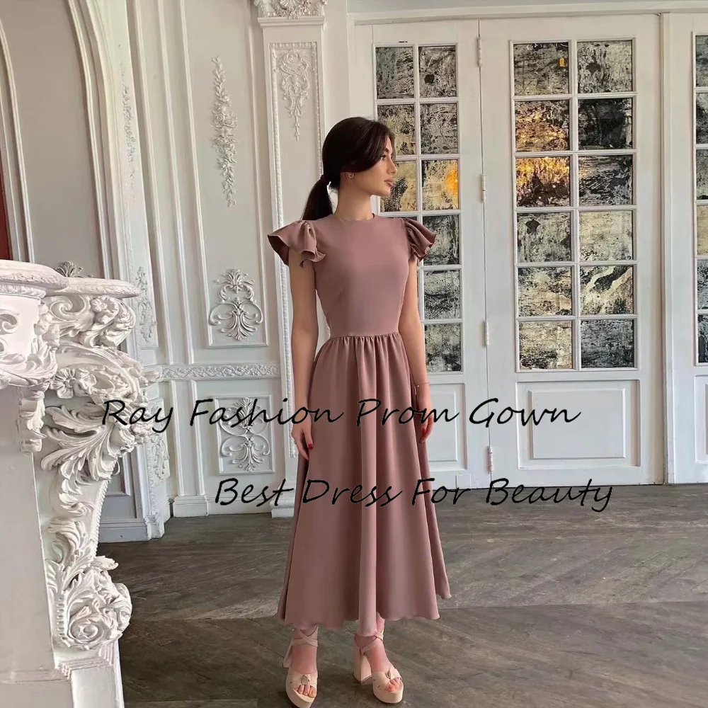 Ray Fashion A Line Evening Dress Boat Neck With Short Sleeves Tiered Tea Length For Formal Occasion فساتين سهرة Saudi Arabia