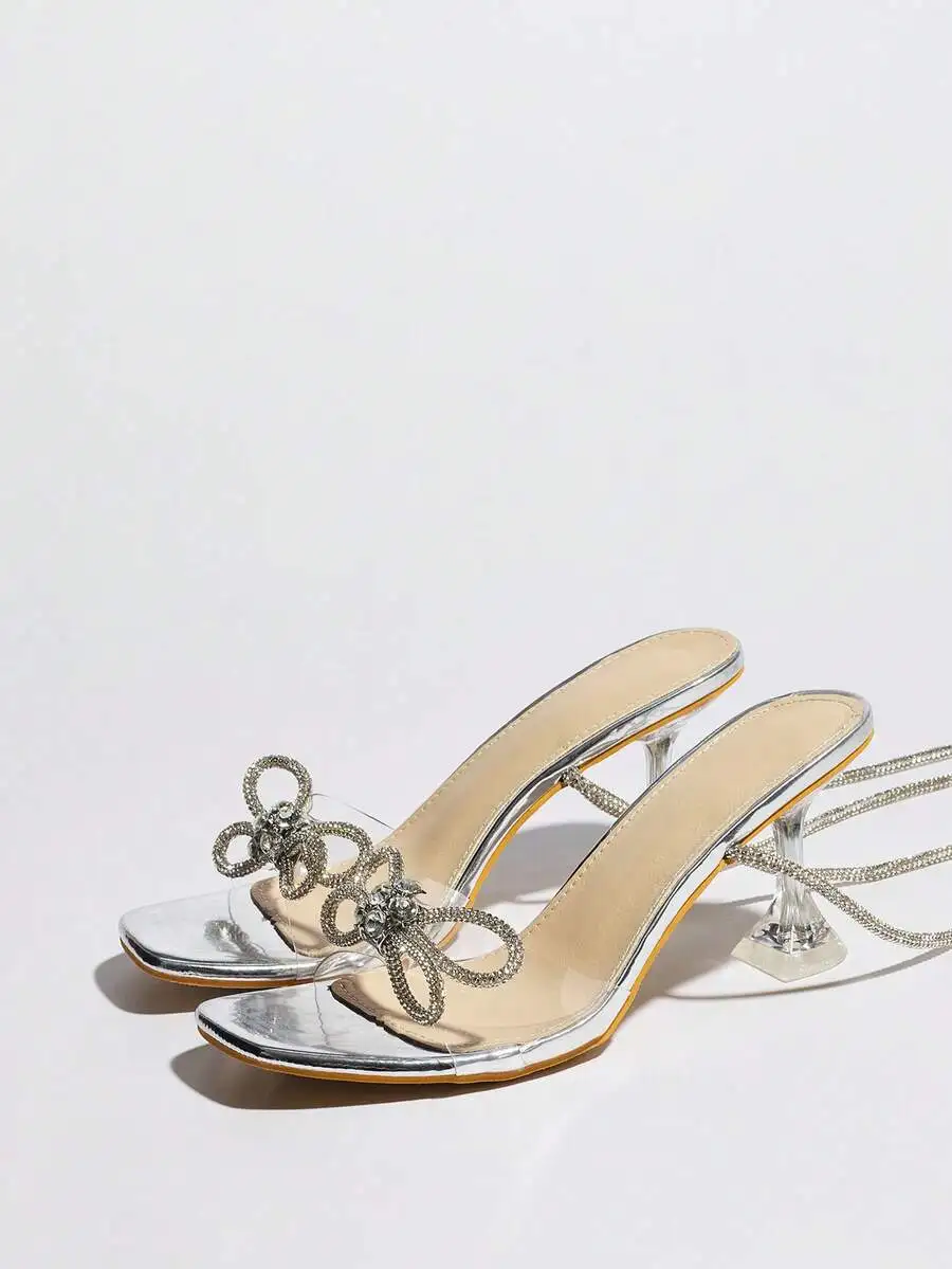

Rhinestone Bow Square Toe Clear Heel Sandals Women Metallic Ankle Strap Stiletto Party Dress Shoes