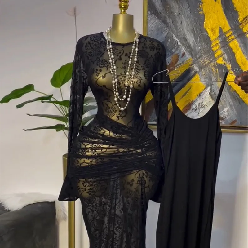 Abito da festa maxi aderente con volant in rete trasparente con stampa floreale + abiti con camicette Abito da sera sexy a maniche lunghe svasato con scollo a O