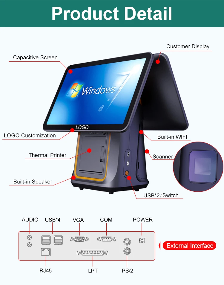 15.6inch New Android Windows pos system all in one touch screen pos All In One Pc Pos Terminal With Printer scan window function