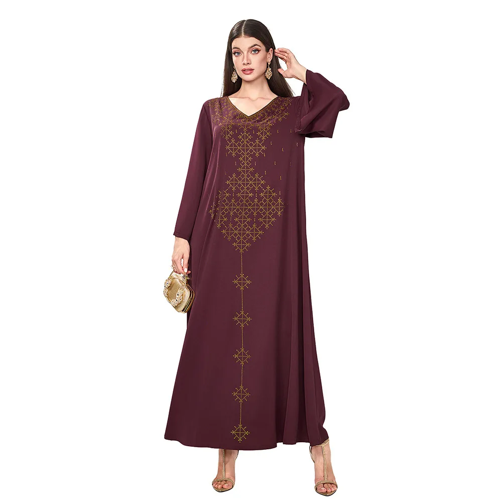 

Women's Clothing Muslim Fashion Abaya Fashionable Long Dress Rhinestone V-neck Loose Casual Dubai-Style New dress