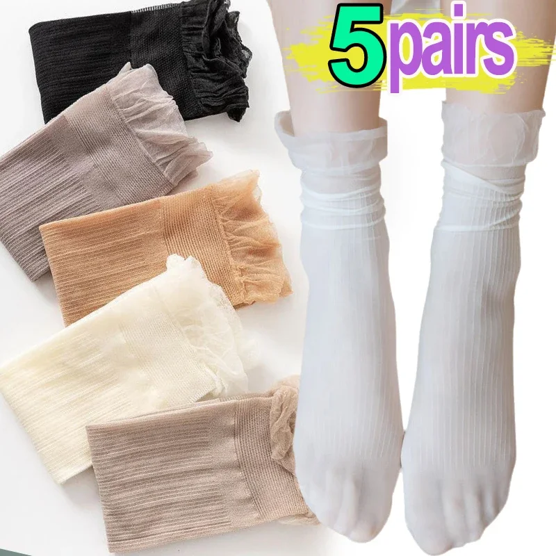 Meias com babados com renda feminina, meia longa e ultra fina transparente, meias ocas ocas, malha, verão, 1 par, 5 pares