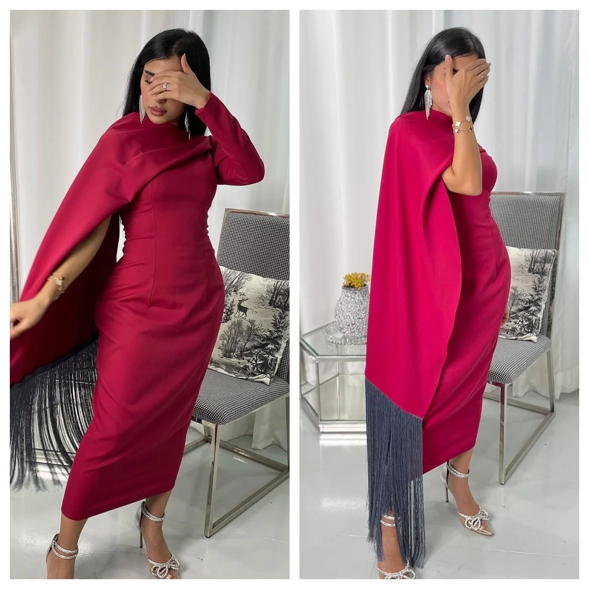 

Customized Evening Dress Exquisite Satin One Shoulder Long Sleeves Celebrity Gowns Classic Tassel Shawl Straight Party Dresses