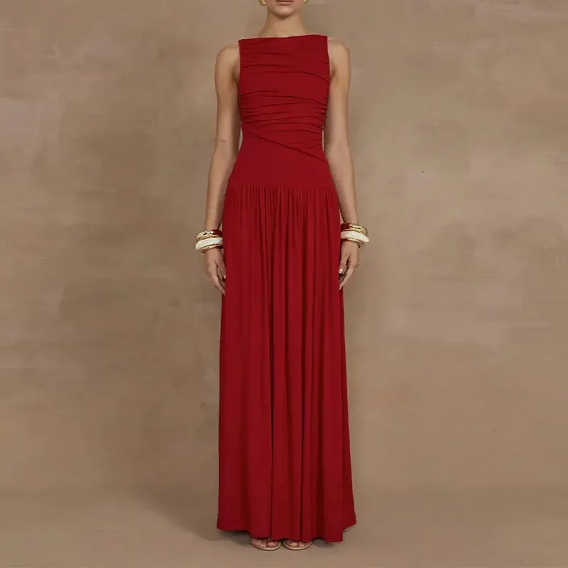 

Summer Women Pleated Pleated and Floor Length Dress 2025 Solid Color Sleeveless Elegant Fashion Dress Banquet Party Vestido Emo