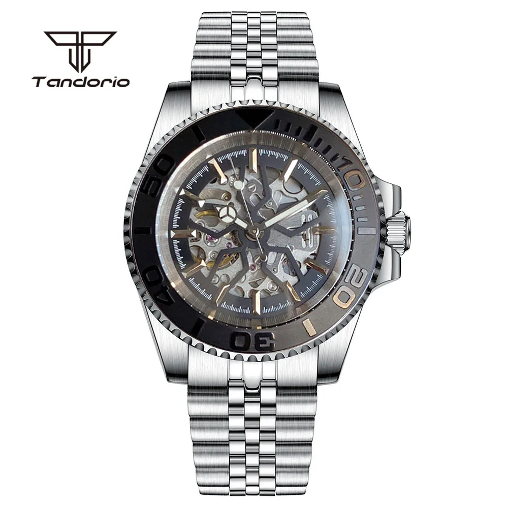 Tandorio Hollow Dial NH70 Movt Skeleton 40mm Dive Automatic Watch for Men Sapphire 120 Clicks Bezel Stainless Steel Wristwatch