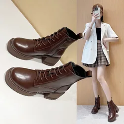 Women Ankle Boots Office Ladies Concise Lace Up Thick High Heels Back Zipper Shoes Woman Autumn Winter Classic Stretch Boots