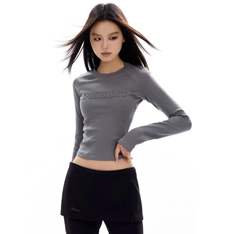 Long Sleeved Tight T Shirt Women American Retro Arc Hem Bottoming Shirt Fall Thin Insert Shoulder Long Sleeved Round Neck Blouse