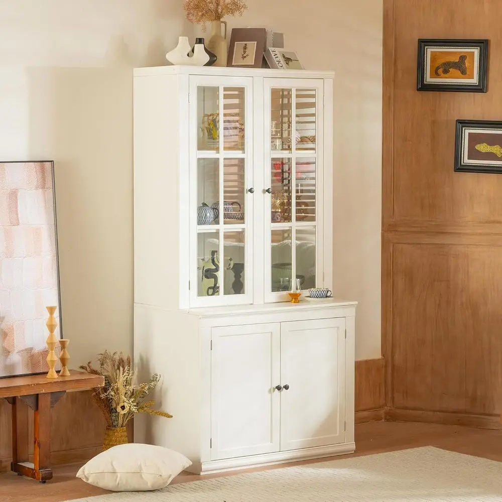 75 Tall White Glass Door Kitchen Pantry Cabinet with Shelves for Storage, Coffee Bar Hutch, Living Room, and Bar view 6