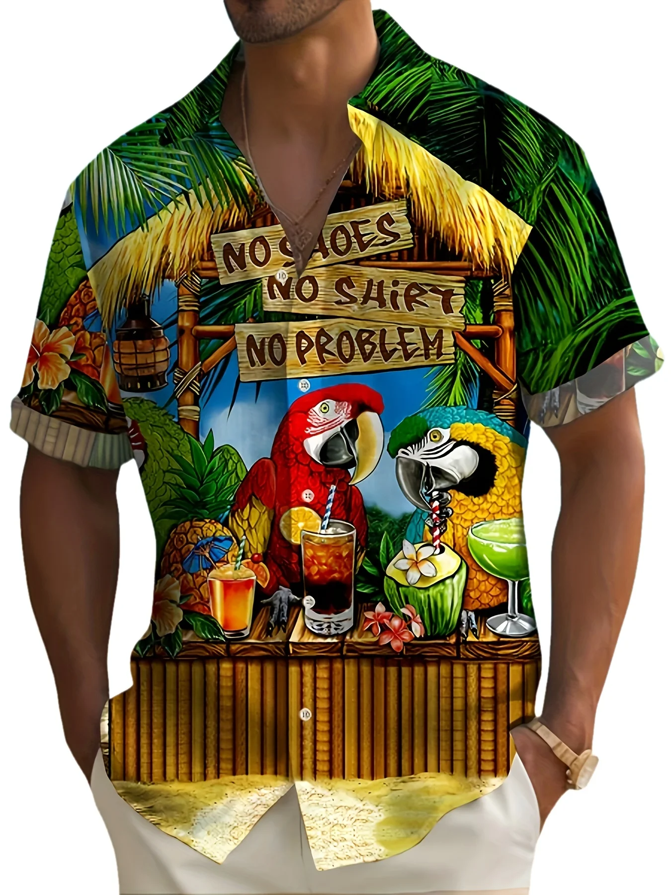 

Hawaiian Plus Size Men's Parrot Print Lapel Shirt Summer