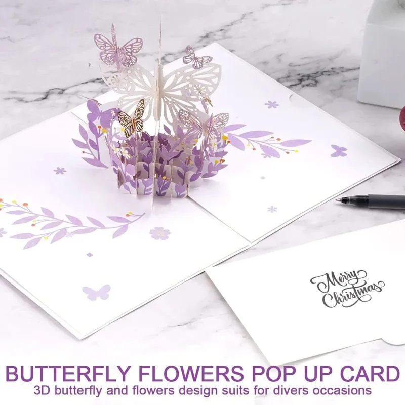 Purple Pink Butterfly Birthday PopUp Card, Butterfly Flower Basket 3D Greeting Cards for Women Girl Daughter, Mothers Day