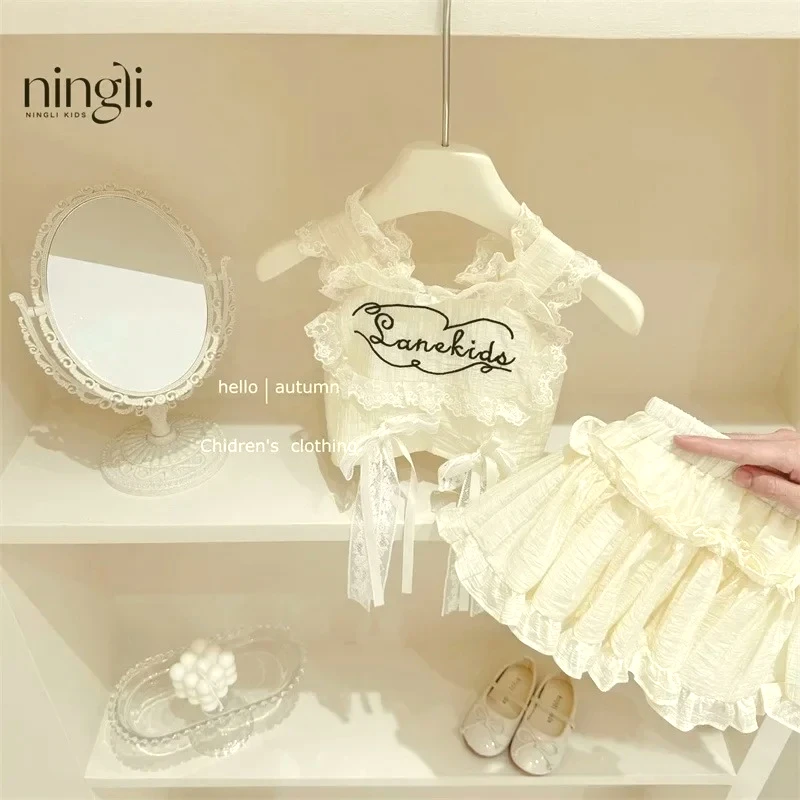 2025 Bow Lace Vest Cake Skirt Trousers Two-Piece Set Girl Suit Fashion Korean Style Kids Summer Clothing Baby Girl