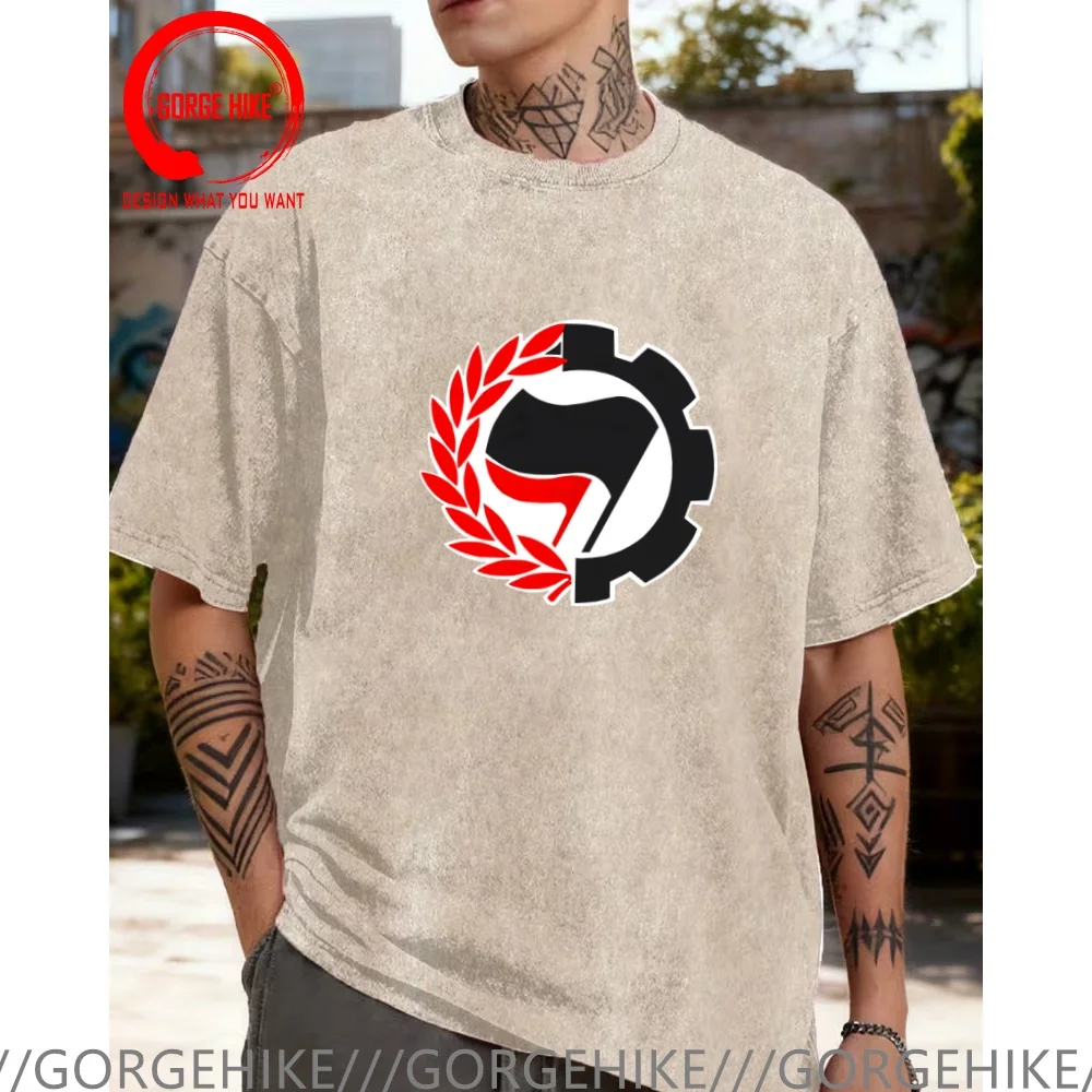 Vintage Washed Cotton T-Shirt Funny Designer Antifa Logo T Shirt Men Fashion Trendy Casual Clothing Stylish Tops Tees