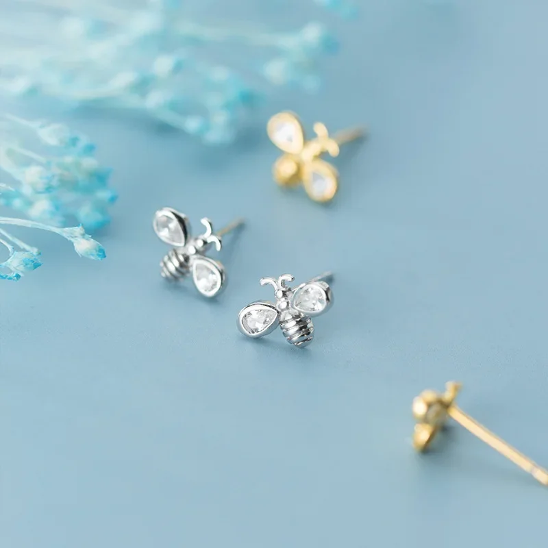 Trustdavis, moda auténtica, Plata de Ley 925, pequeño Animal, abeja, deslumbrante pendiente de tuerca CZ para mujer, joyería fina Brincos DS2345