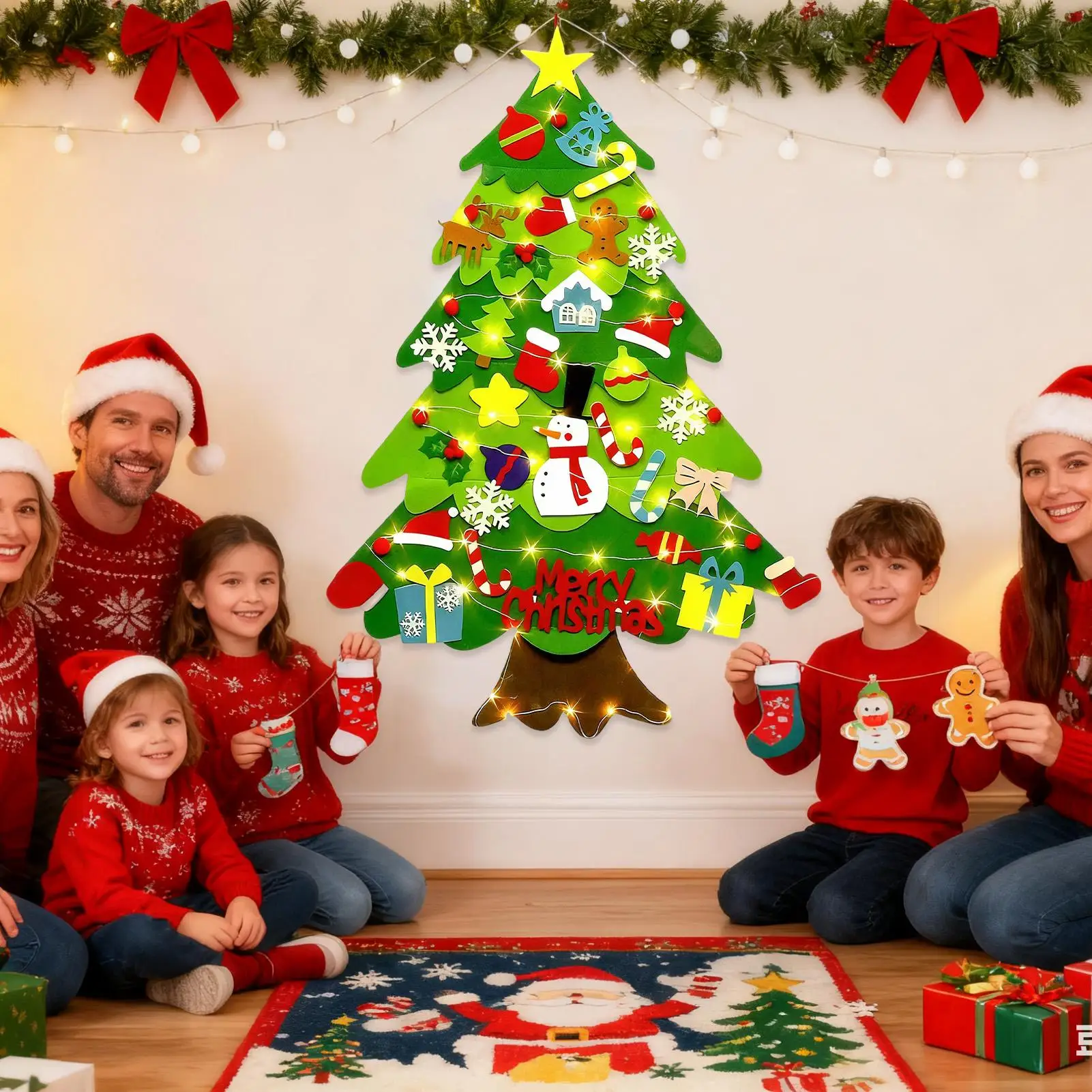 Filcowa choinka dla dzieci 100 cm z oświetleniem LED, zabawka do rękodzieła, choinka świąteczna dla maluchów, niemowląt, do klasy, domu.