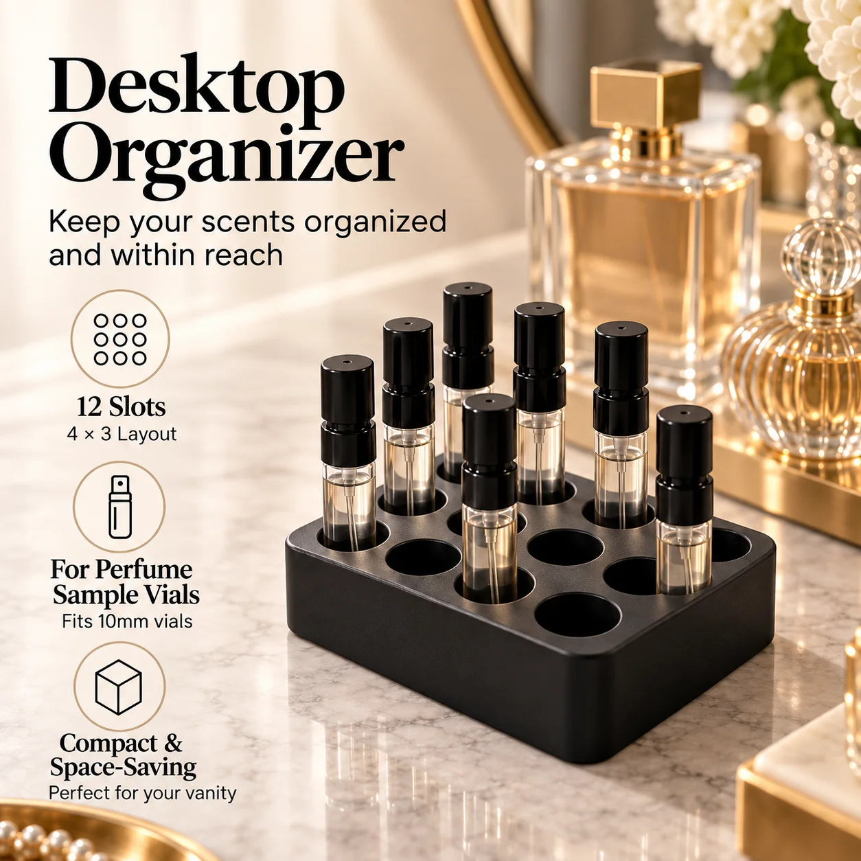12-Slot Perfume Sample Vial Organizer 3D Printed Desktop Storage Display Rack for 10mm Mini Spray Bottles Vanity Cosmetic Holder