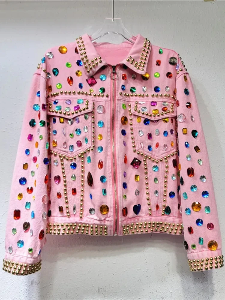 Women Rainbow Diamonds Beaded Pink Denim Coat Loose Rhinestones Jeans Jacket Long Sleeve Crystal Cowboy Cardigan Rivets Tops