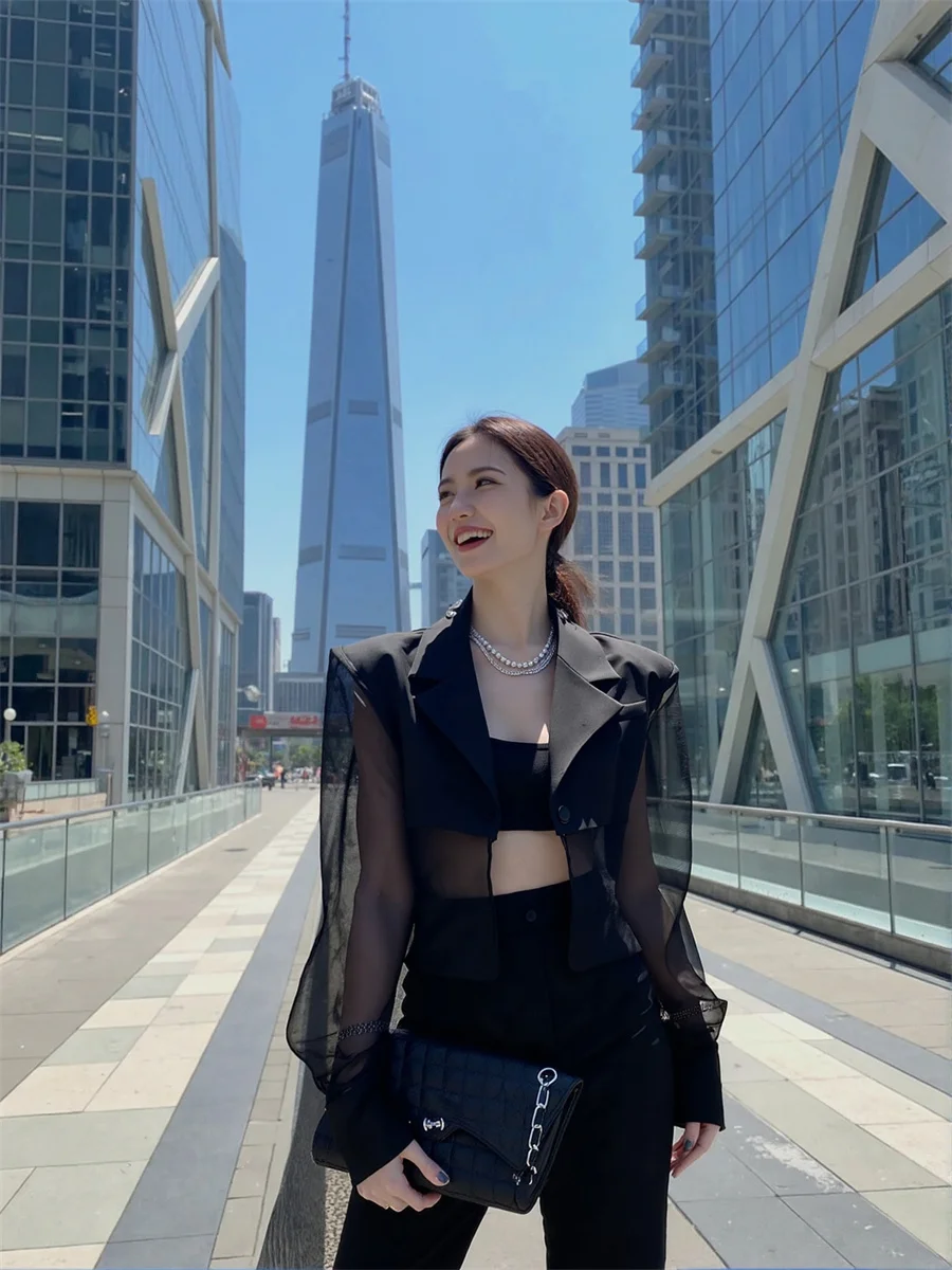 

Sun-proof Cropped See-through Back-Slit Blazers Elegant Woman Clothes For Women Wash Simplicity Ruffle Skinny Translucent Tender