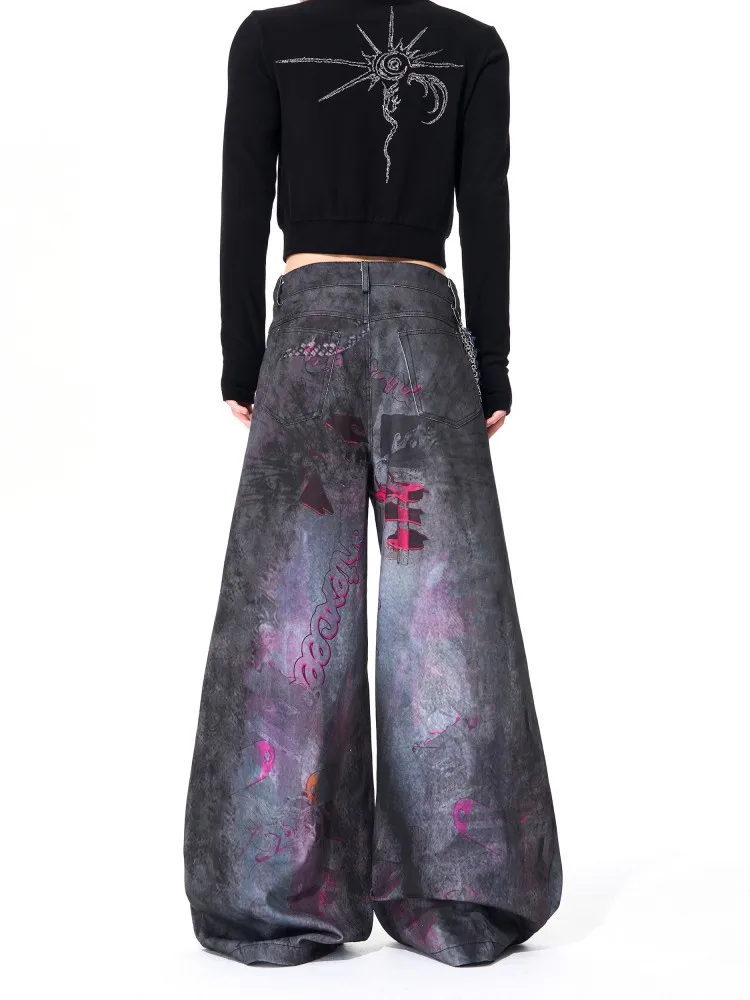 Autumn Winter Men Printed Jeans Fashion Designer Low Waist Wide Leg Pants Denim Trousers High Street Casual Full Length Pant