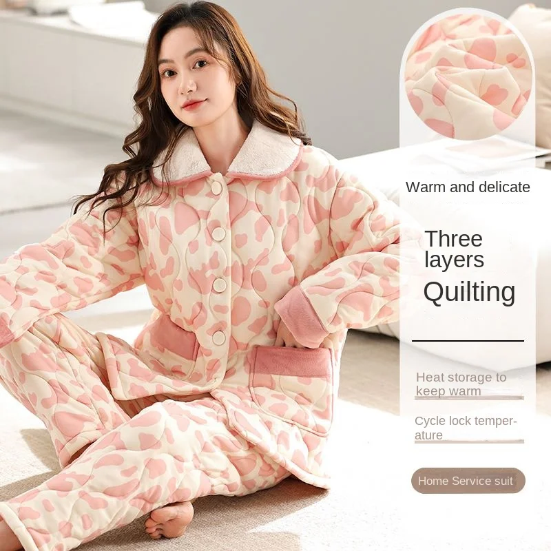 Three-layer Cotton for Women's Autumn Winter Three-layer Padded Piled Thickened  Coral Velvet Can Be Worn Outside Loungewear Set