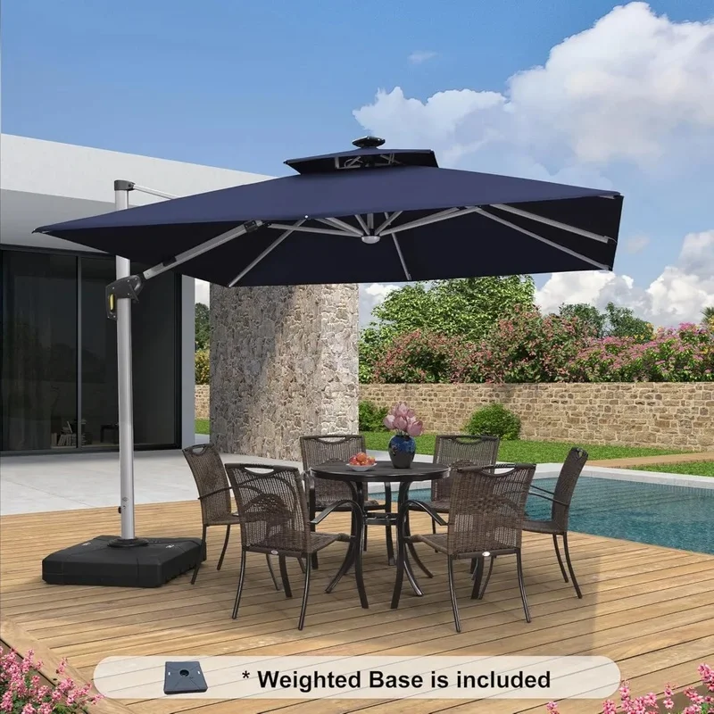 

10 Feet Solar Powered LED Square Cantilever Patio Umbrella With Base, Windproof Hanging Design