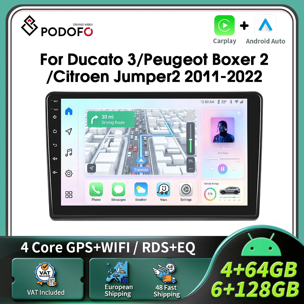 Podofo Carplay Android Radio für Ducato 3/Peugeot Boxer 2/Citroen Jumper2 2011-2022 Intelligentes Autosystem 2 Din GPS BT FM
