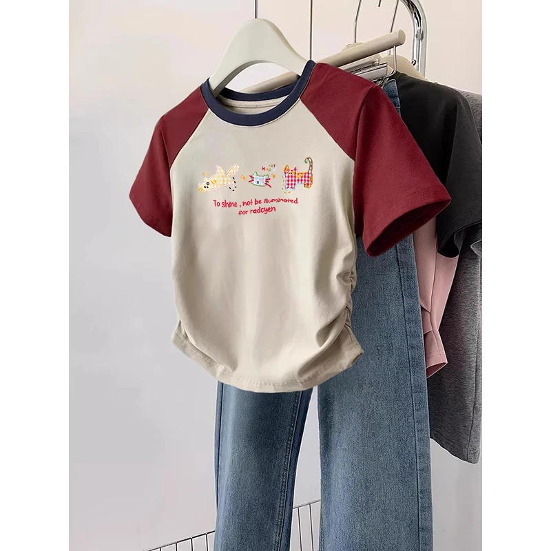 ドーパミン サマー 半袖 ラウンドネック Tシャツ オーバーサイズ 多用途 ベースレイヤーシャツ 韓国風 通勤 コットンブレンド