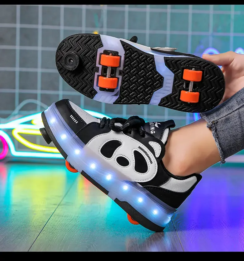 Children's Panda 4Weels Roller Skating Shoes for Boys Girls Shoes with LED Lights Breathable USB Charging Skate Shoes for Kids