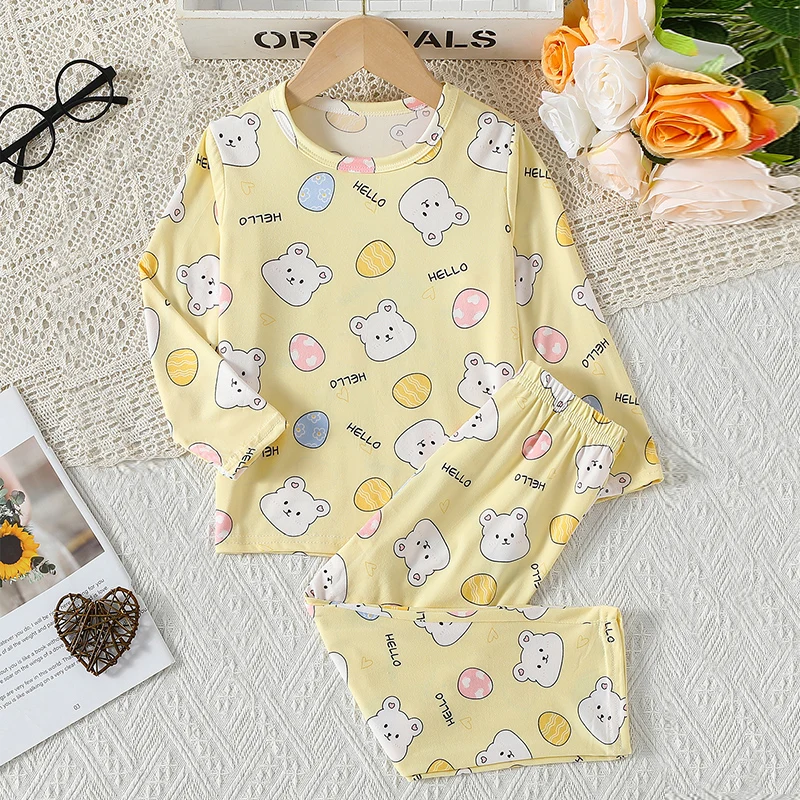 2-piece Four Seasons Children's Full Print Cute Home Set for Girls Sweet Long Sleeve Pants Sleepwear Comfortable Round Neck T-sh