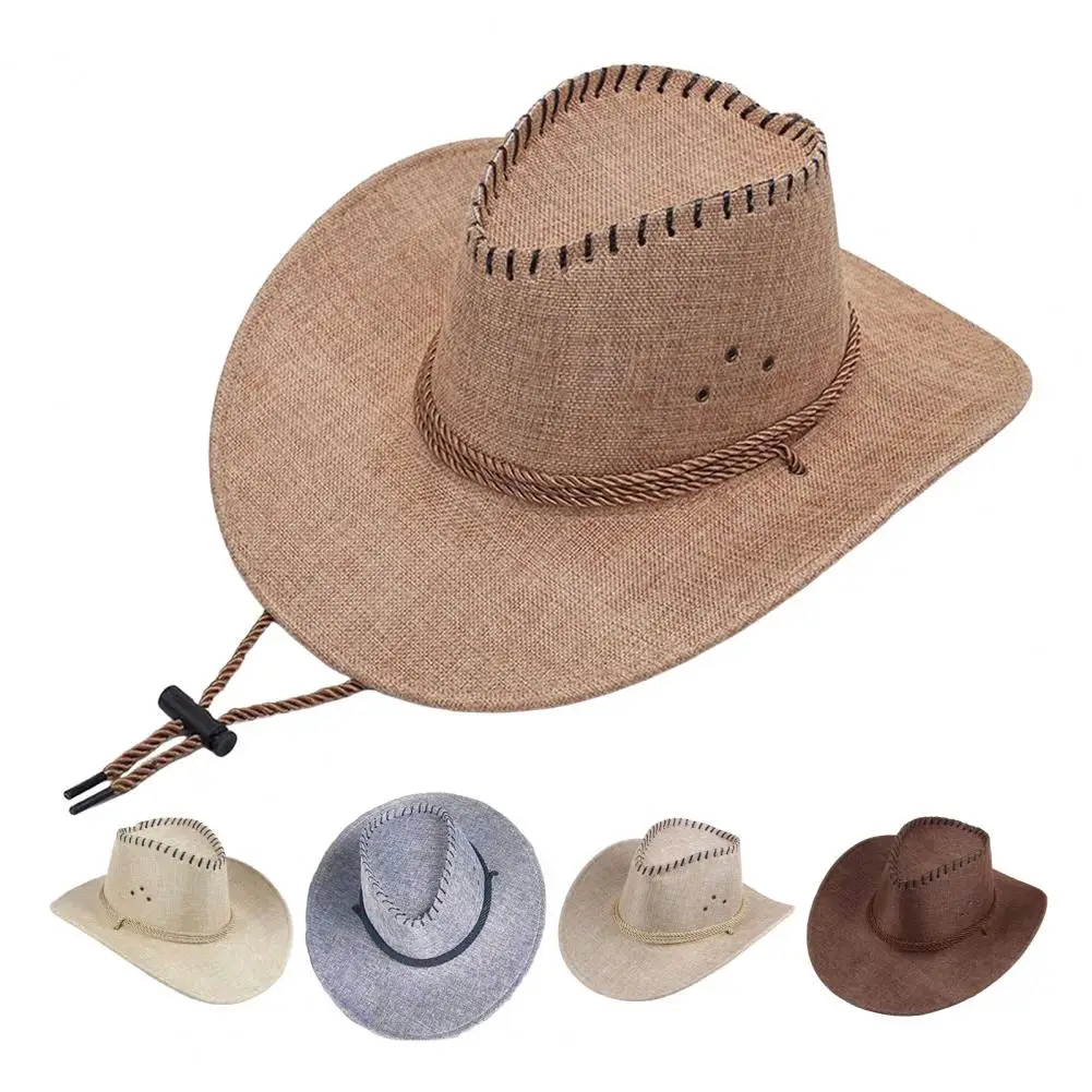 Western Cowboy Hat with Windbreak Rope for Men, Wide Brim Linen Sun Hat for Outdoor Travel, Breathable Fedora Hats for Party 5