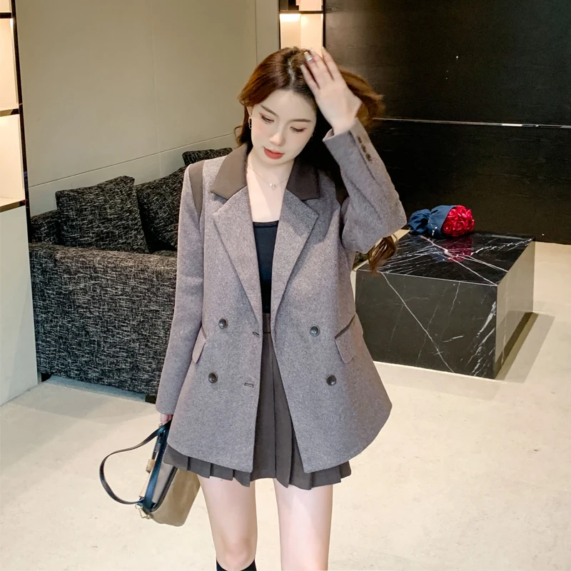 

Women's British Style Cotton Herringbone Patterned Woolen Blazer Pleated Skirt Set Retro Contrasting Woolen Suit Half Skirt Set