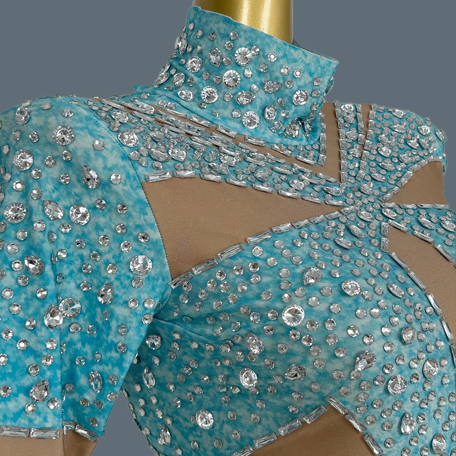 Blue Crystal Rave Festival Outfits Pole Dancers Costume Female Bodycon Bodysuits Women Stage Performance Short Jumpsuit Jixue