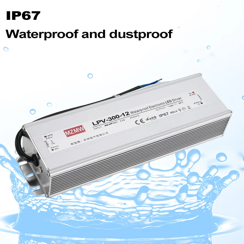 LPV Series IP67 Waterproof Switching Power Supply 200-240VAC AC To DC 300W 12V 24V 36V 48VDC CCTV Industrial Adapter