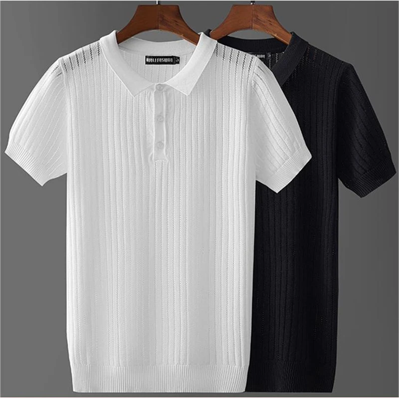 

High Stretch Hollow Luxury Polo Shirt For Men Short Sleeve Silky Summer Quality Icy Comfortable Casual Striped Camisas De Hombre