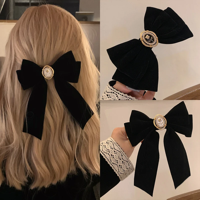 New Black Velvet Bow Hair Pins Elegant Fabric Alloy Roses Hair Clips For Women Fashion Ponytail Barrette Heawear Accessories