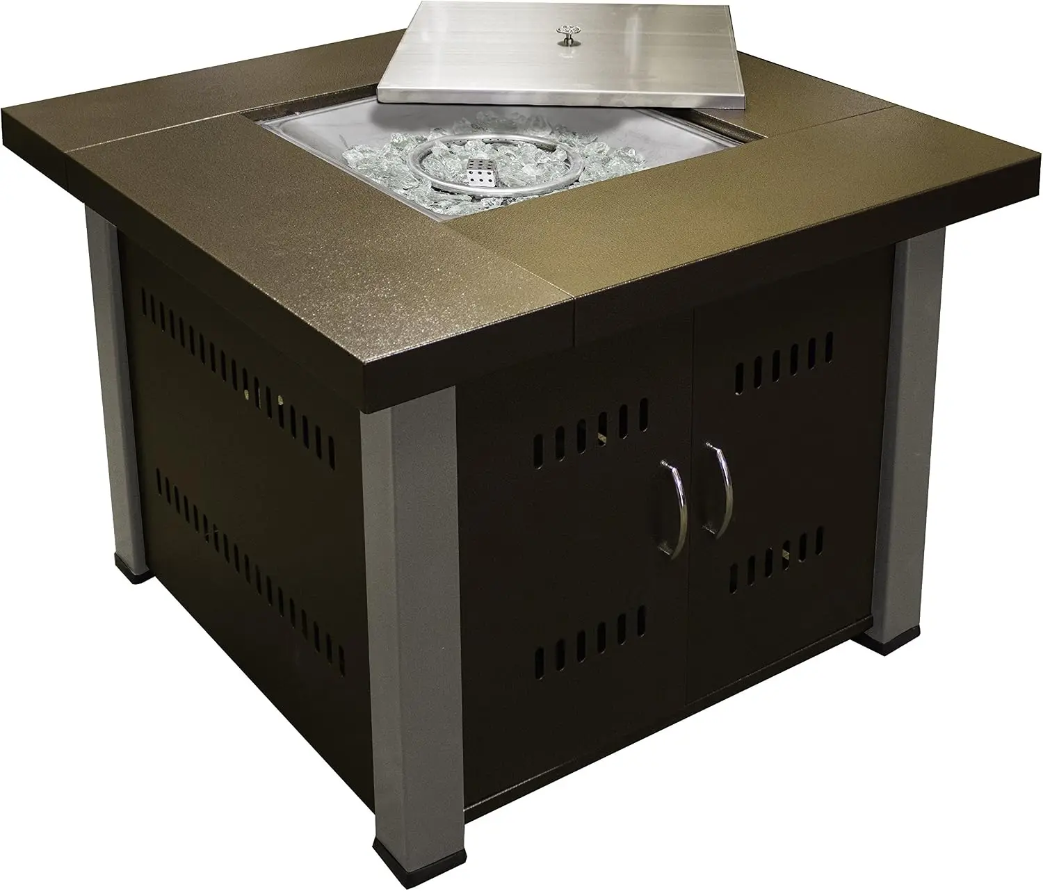 38'' Square Outdoor Propane Gas Fire Pit Table, Clear Glass, Regulator and Hose