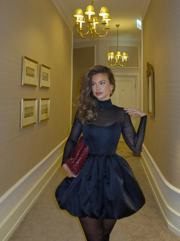 

Women Chic Solid Turtle Neck Long Sleeve Puff Dress Lady Elegant High Waist Pleated A-line Mini Dresses 2026 Date Night Outfits