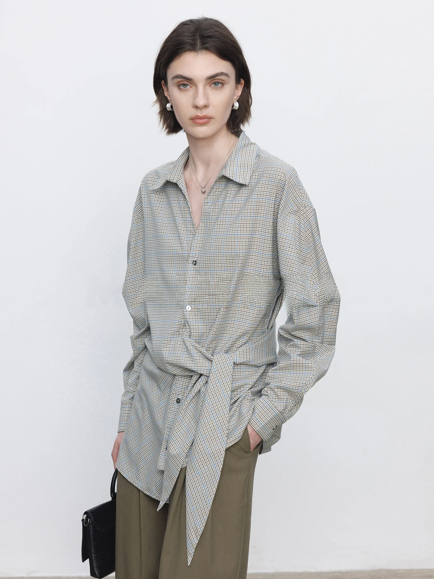 

Женская рубашка Maiherer в клетку с длинным рукавом, весенний дизайн, уникальная асимметричная талия с завязками, повседневная свободная рубашка из смесового полиэстера