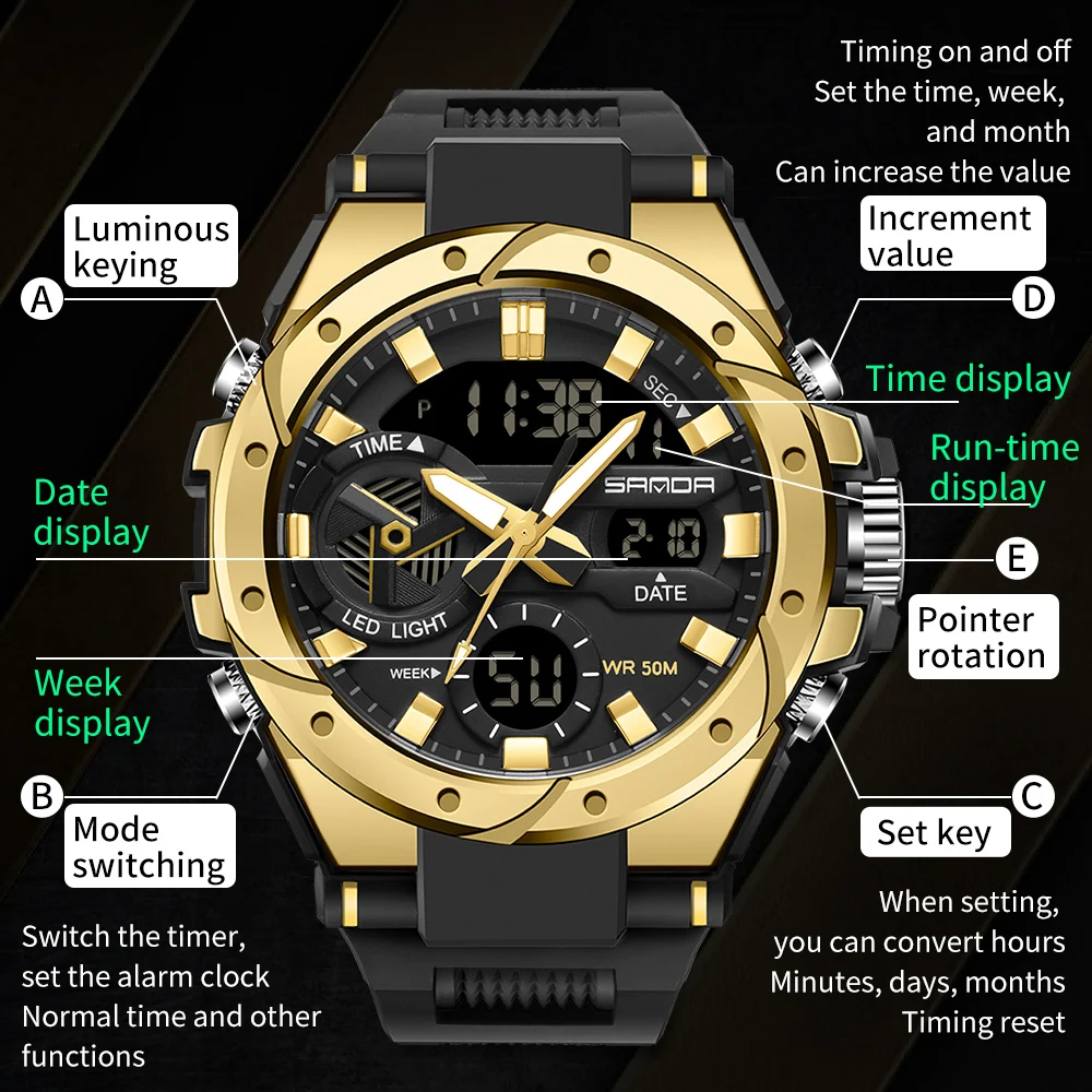 SANDA Brand Watch Men Sport Alarm Clock Waterproof Wristwatches Original Brand Men\'s Wristwatch Quartz Digital Watches