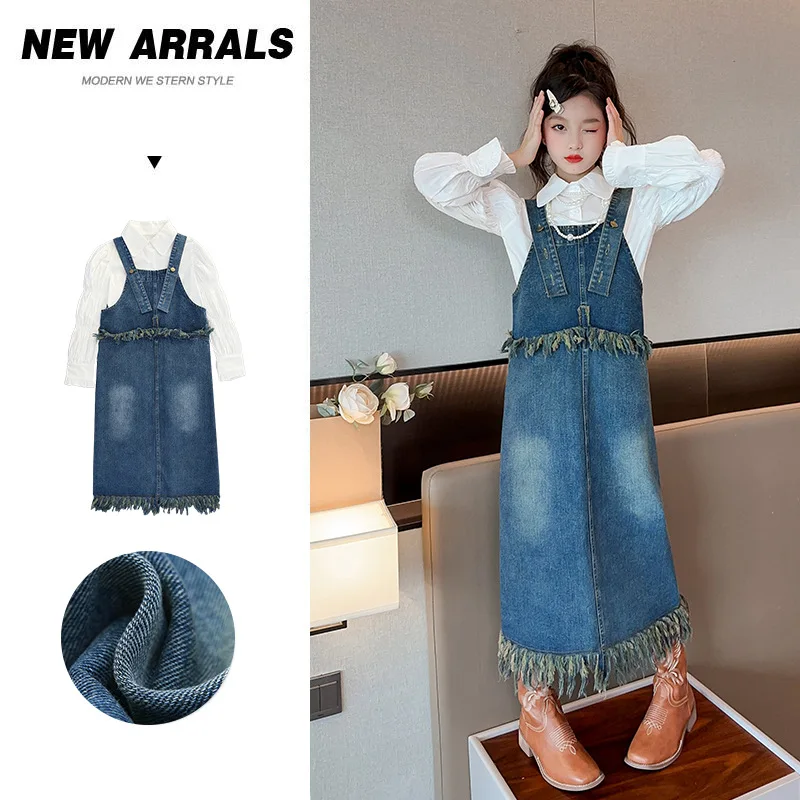 

Girls Denim Strap Dress Set Autumn 2023 cotton white Shirt+Strap long skirt Two Piece 4-15 kids suit Childrens clothing outfits