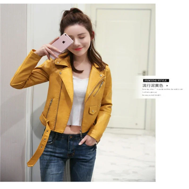 Short PU Skin Slim-fit Leather Double Breasted Belted Trench Coat Female Yellow Pink Black Date Red Motorcycle Leather Jacket