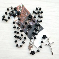 Long Crystal Rosary Necklace Crucifix Pendant Catholic Jewelry For Men Women Black White Red