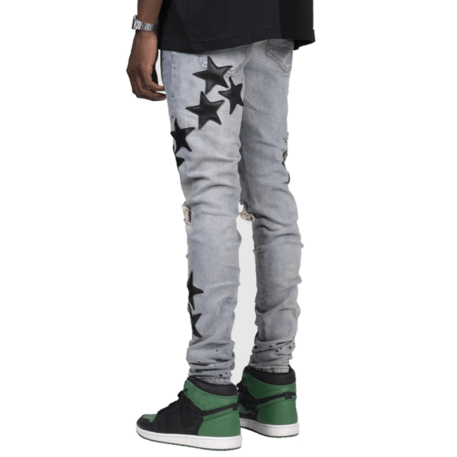 กางเกงยีนส์ทรงสลิมฟิตผู้ชายสตาร์ริปลำลองกางเกงยีนส์กลางสำหรับสวมใส่ทุกวันกิจกรรมกลางแจ้งสตรีทแวร์