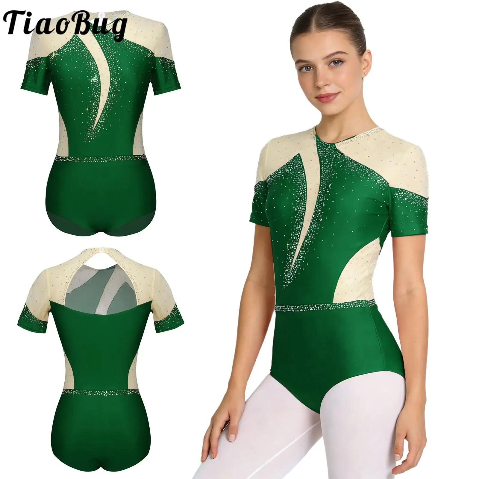 Frauen Eiskunstlauf Ballett Tanz Trikot Kleider Rhythmische Gymnastik Yoga Body Kurzarm Strass Ballerina Dancewear