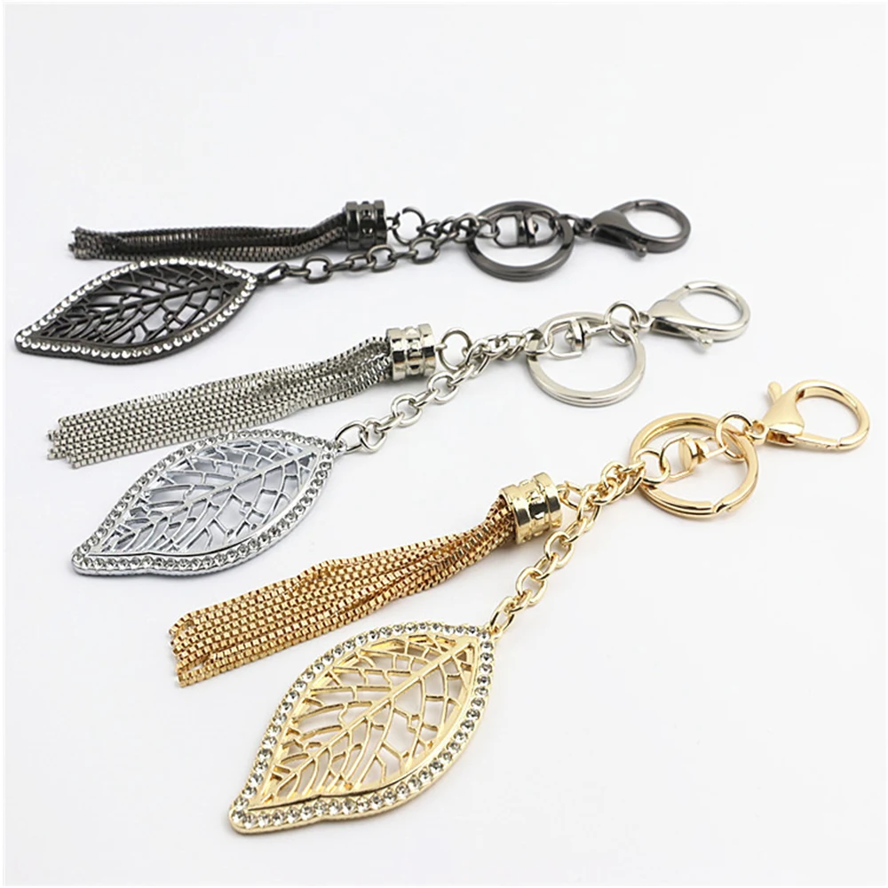 Creative Leaf Shape Keychains With Metal Tassel Chain Rhinestones Bag Hanging Pendant Charms Diy Bag Accessories Ornament