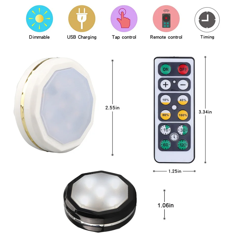 DC5V USB Rechargeable 62MM LED Puck Light &Remote Controller&Dimmable&Timer for Wardrobe,Stairs,Corridor(White 6000K)