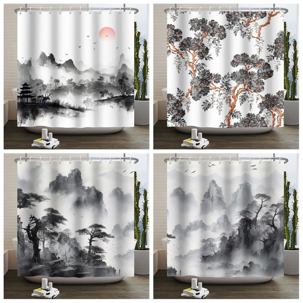 

Ink Painting Style Mountain Plants Shower Curtain Waterproof Polyester Home Bathroom Bathtub Decor With 12 Mildew-proof Hooks