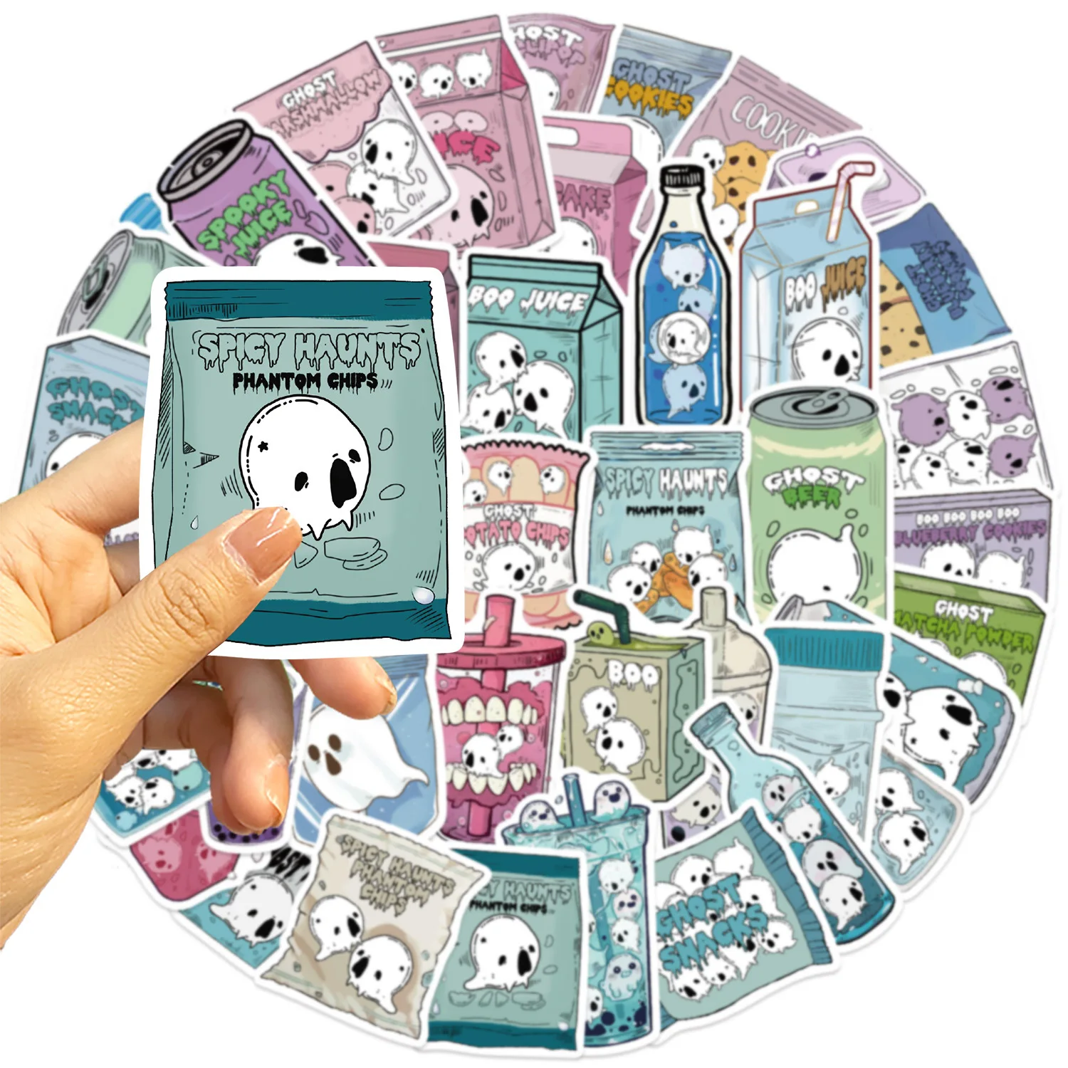 50 szt. Naklejek z motywem Halloween, graffiti z jedzeniem, wodoodporne, na telefon komórkowy, laptop, bagaż, gitarę, notatnik, zabawki dla dzieci